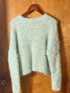 Mi Ami Women’s L Green Fuzzy Knit Cropped Sweater Festival Girlhoodcore Y2K